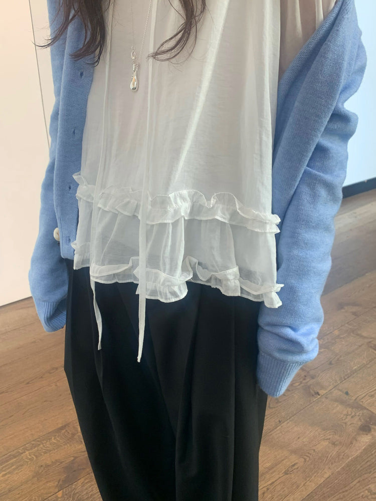 微透垂帶荷葉邊細節上衣