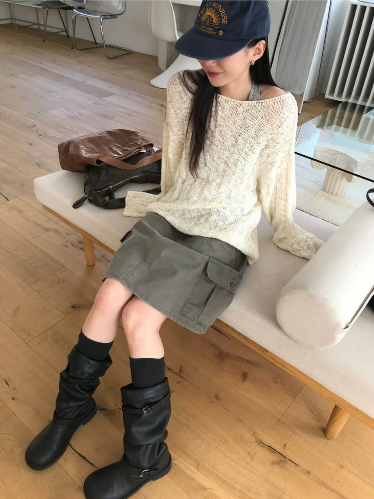 美肩微透紋理針織上衣