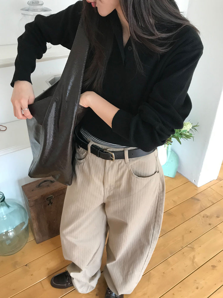 Polo領修腰針織上衣