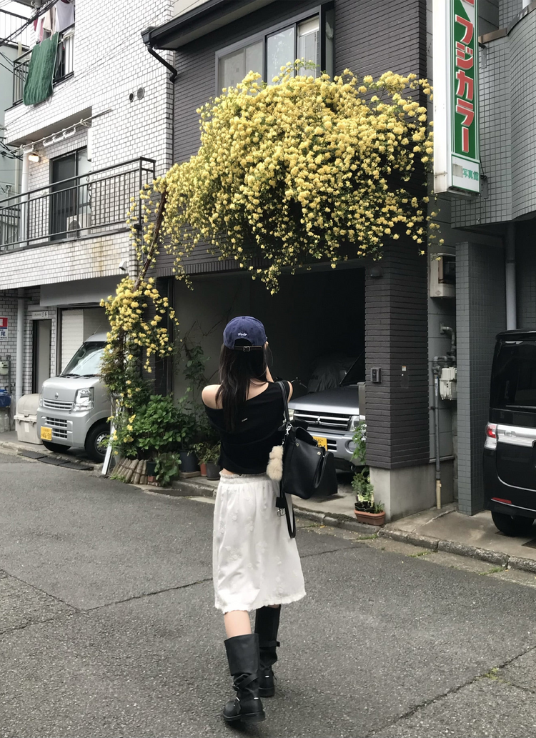 立體花荷葉邊細節抽繩半裙