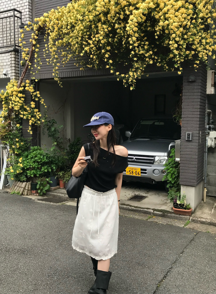 立體花荷葉邊細節抽繩半裙