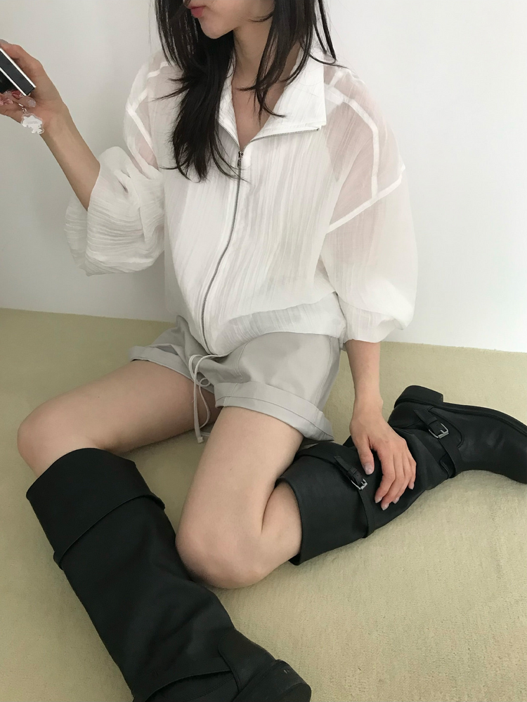 透膚抽繩下擺拉鏈外套