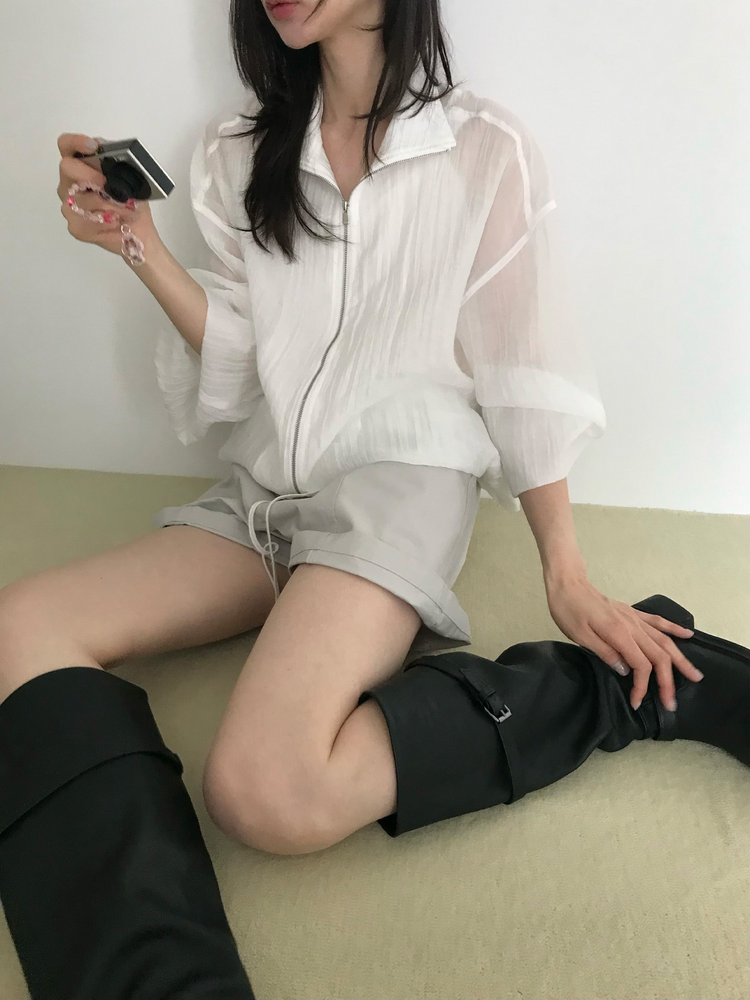 透膚抽繩下擺拉鏈外套