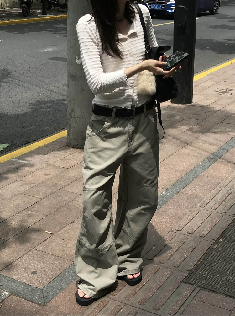復古壓線細節工裝直褲