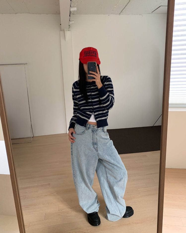 美色條紋排鈕針織外套