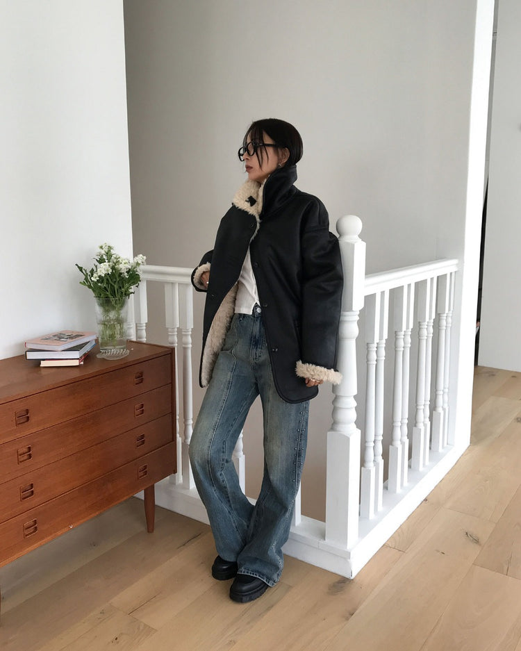 弧壓線側鉚釘細節牛仔褲