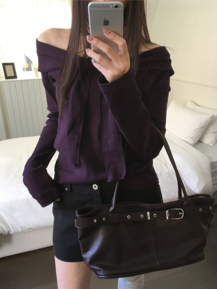 美肩垂帶領結條紋上衣