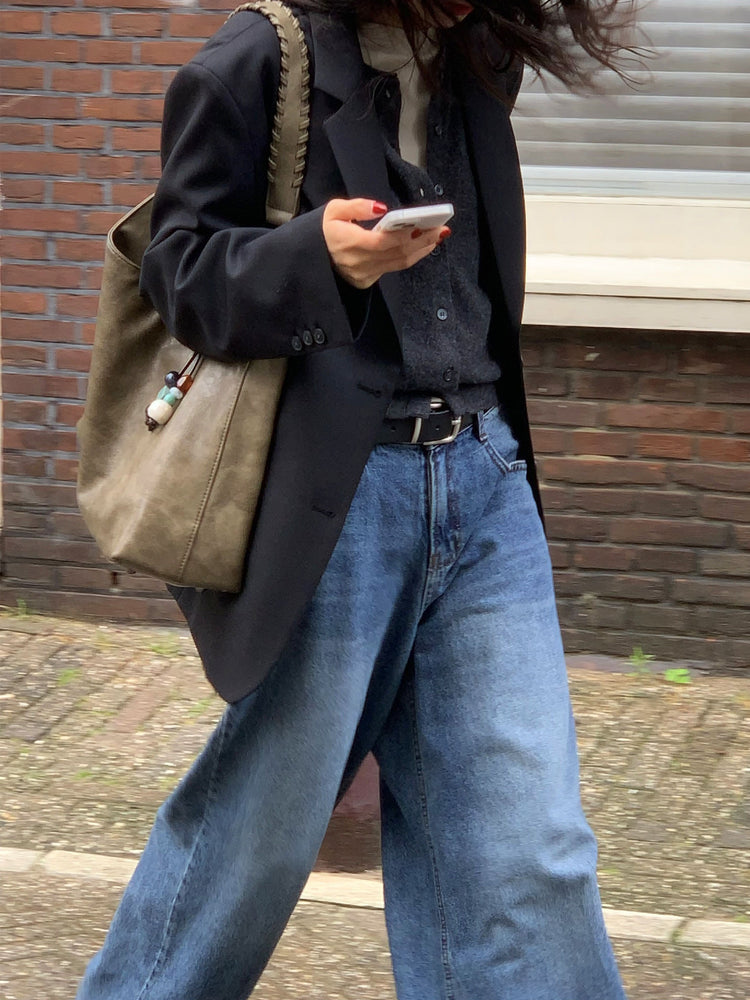 復古美刷色微鬆直筒牛仔褲