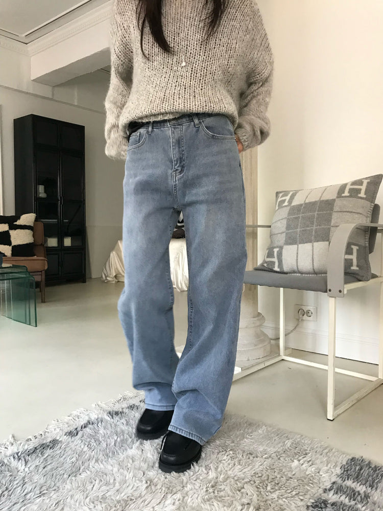 隱形橡筋腰頭直腿內刷毛牛仔褲