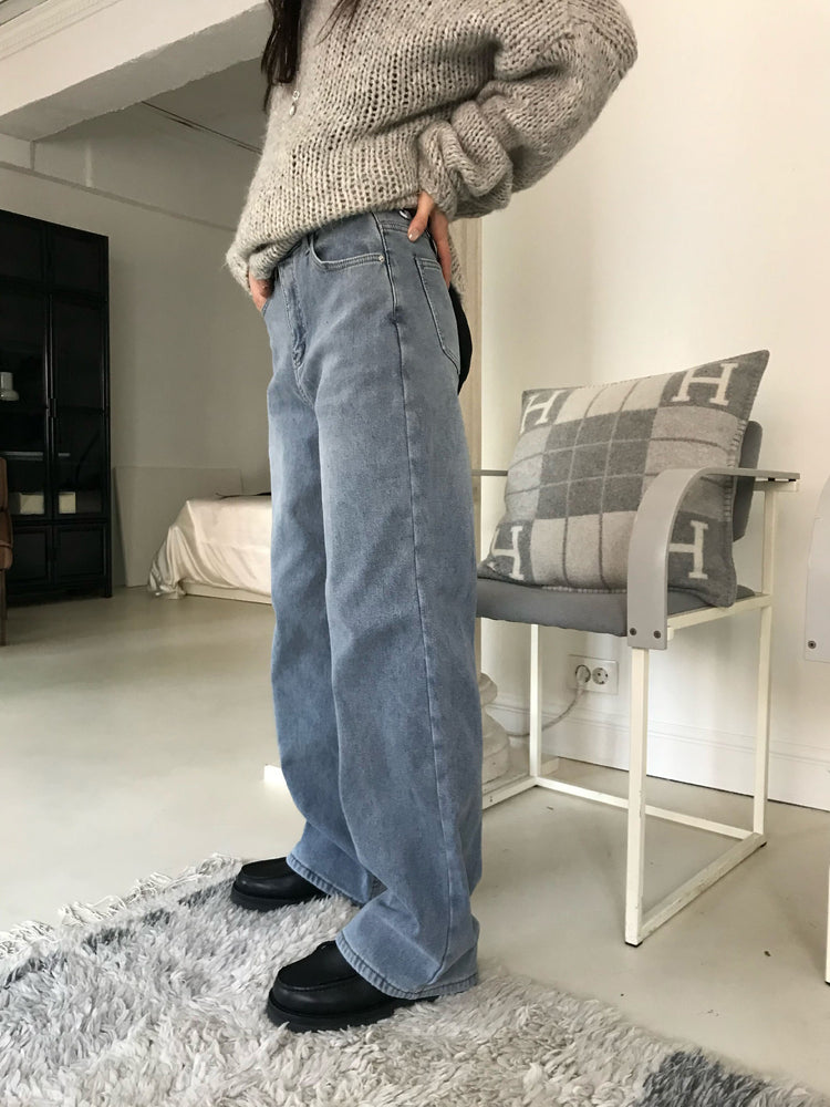 隱形橡筋腰頭直腿內刷毛牛仔褲