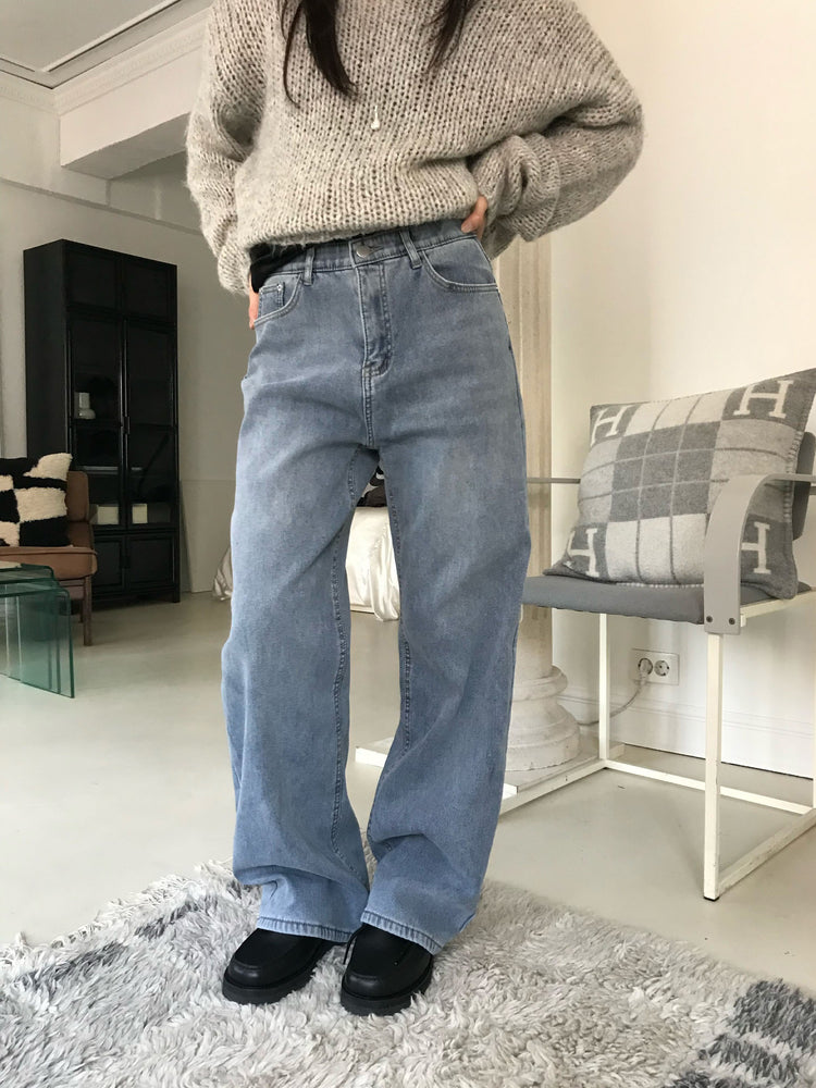 隱形橡筋腰頭直腿內刷毛牛仔褲