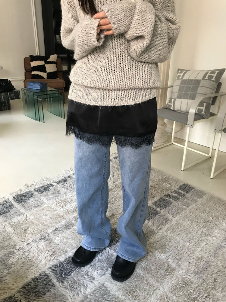 隱形橡筋腰頭直腿內刷毛牛仔褲