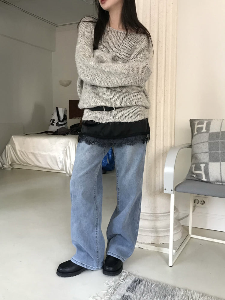 隱形橡筋腰頭直腿內刷毛牛仔褲