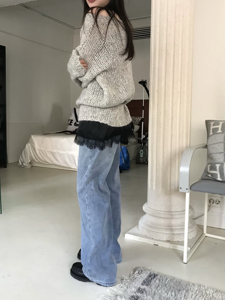 隱形橡筋腰頭直腿內刷毛牛仔褲