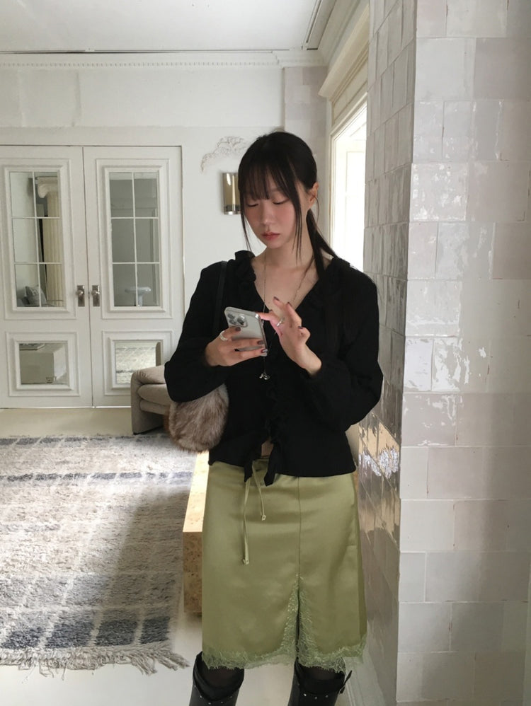 蕾絲邊霧光澤側小開叉半裙