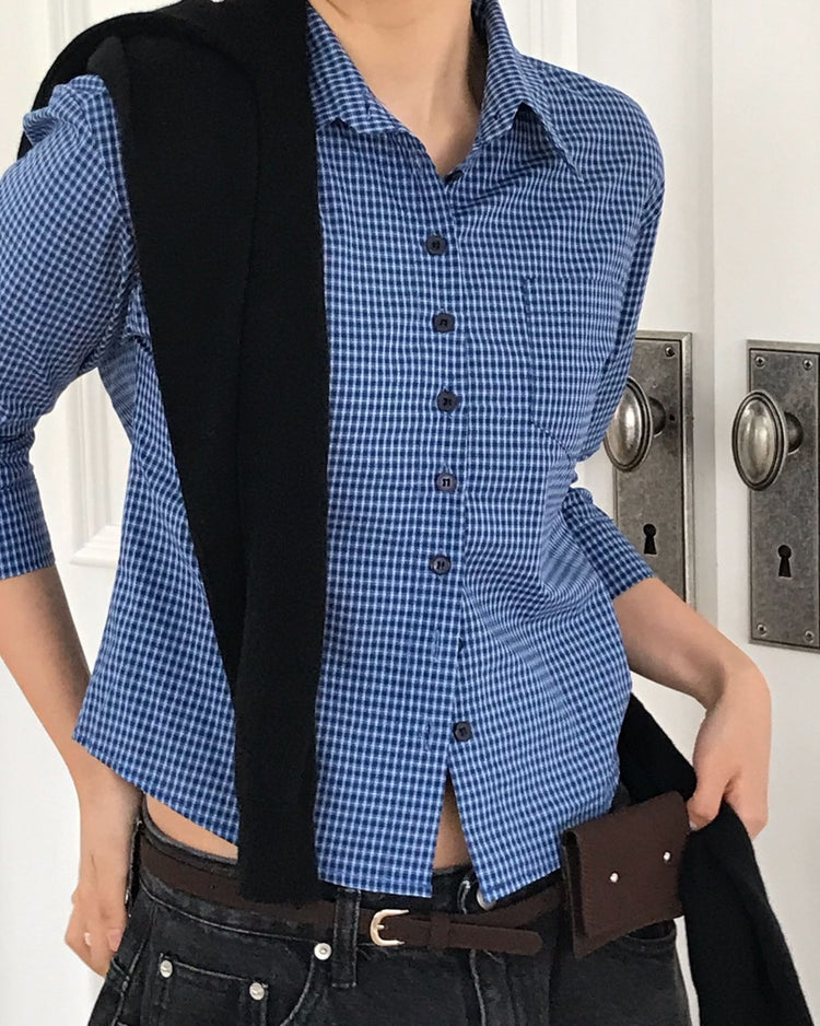 復古亮色格紋細節修腰襯衫