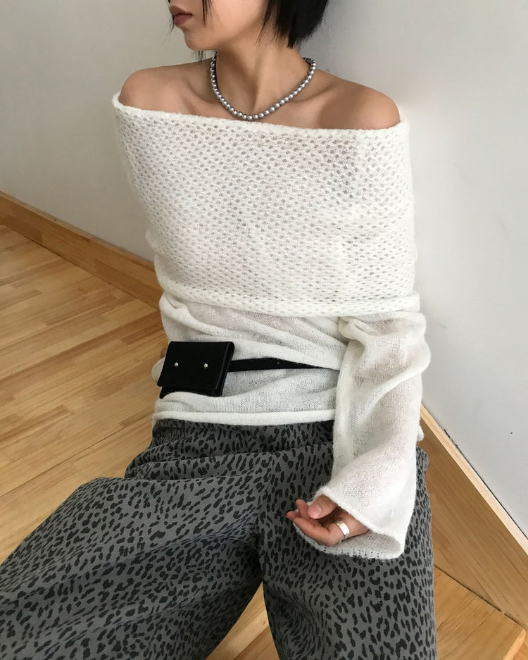 美肩微透紋理細節針織上衣