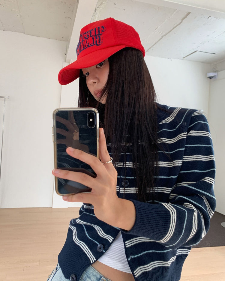 美色條紋排鈕針織外套