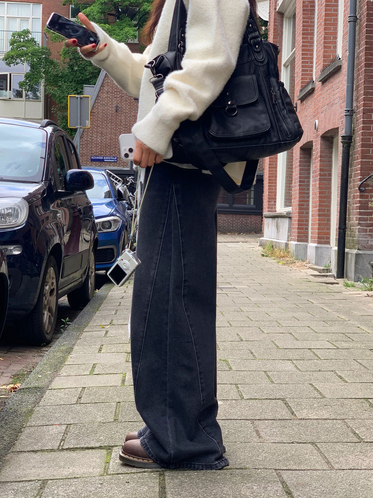 側壓線細節直腿牛仔褲