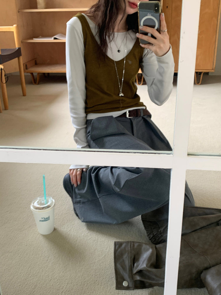 條紋內壓褶細節直褲