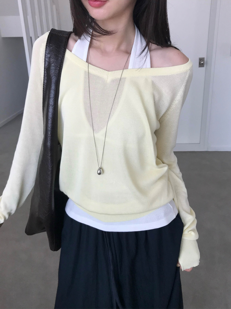 美色透膚V領針織上衣