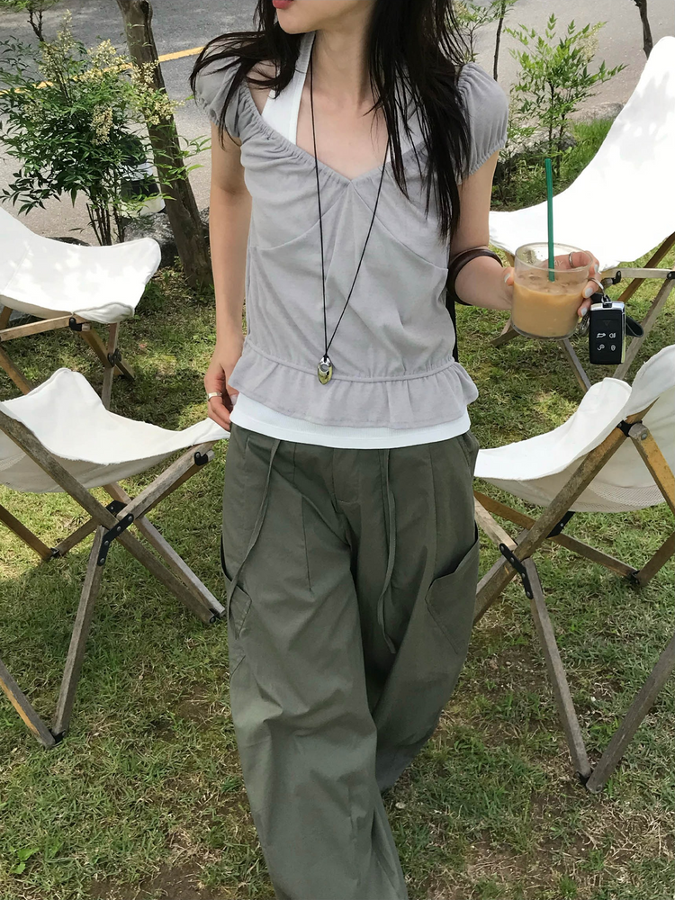 輕薄抽繩口袋寬鬆工裝褲