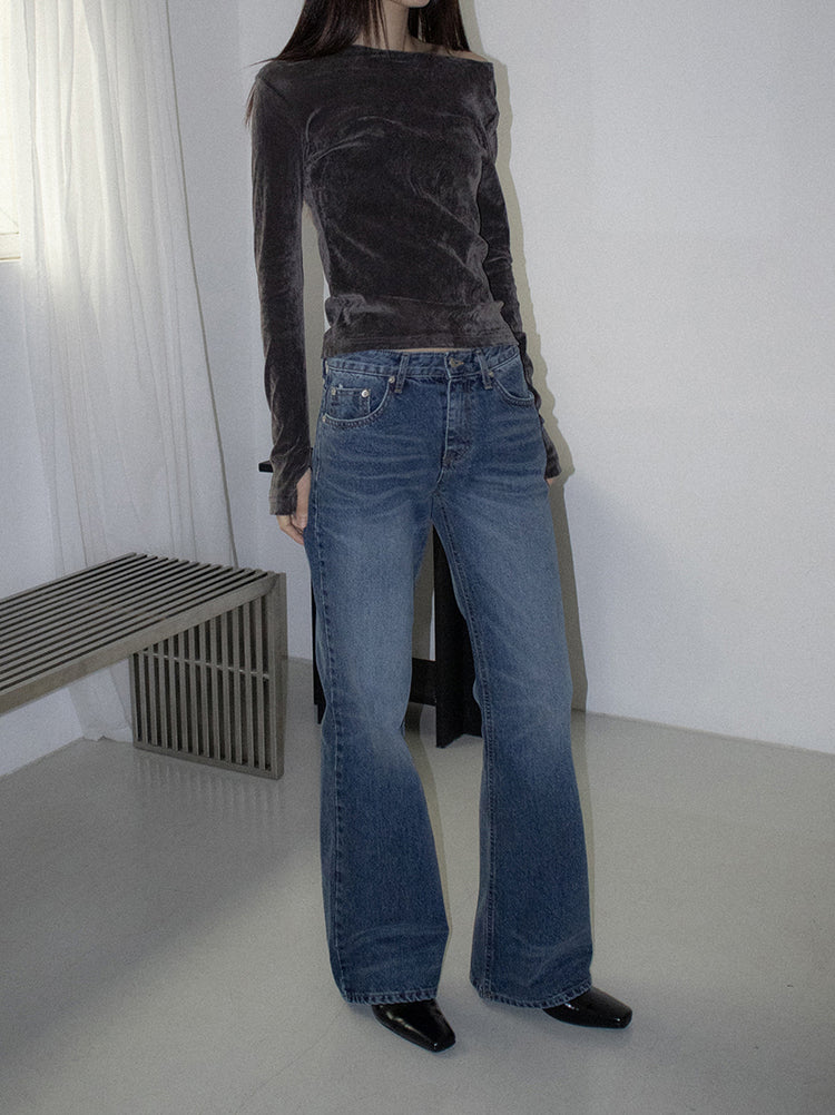 微透美肩絲絨質感上衣