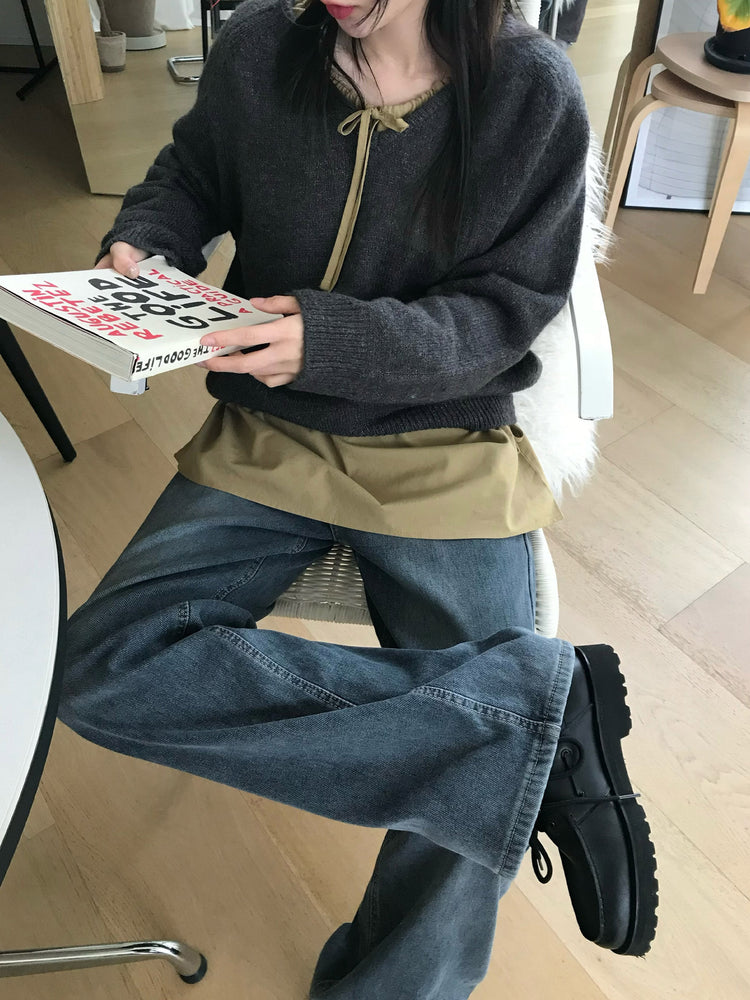 V領美肩線細節針織毛衣