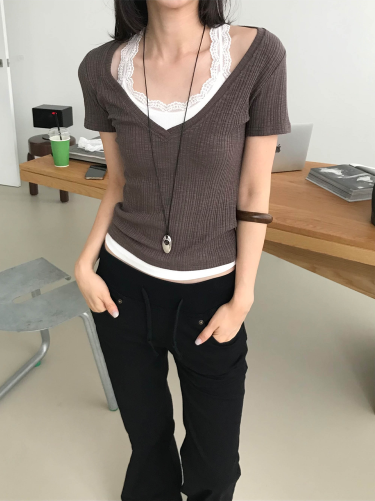 坑紋深V領修身上衣