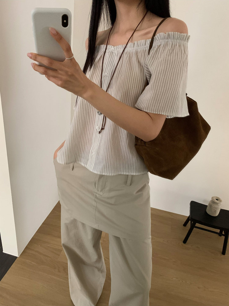條紋美肩排鈕上衣