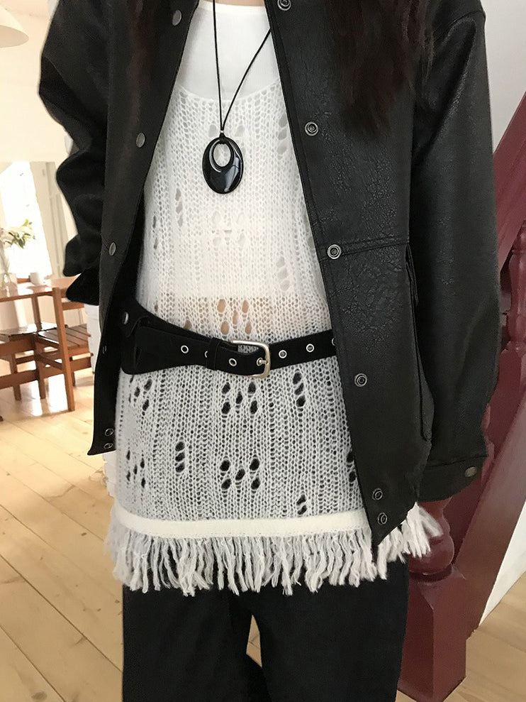 透膚縷空流蘇細節針織背心