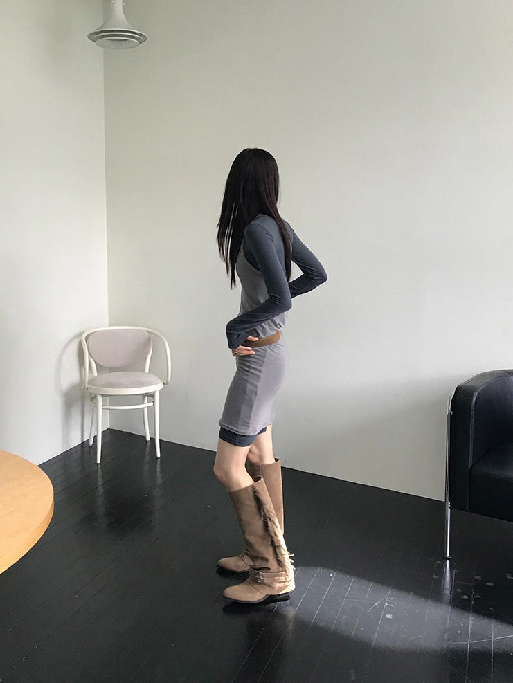 麂皮流蘇細節尖頭長靴