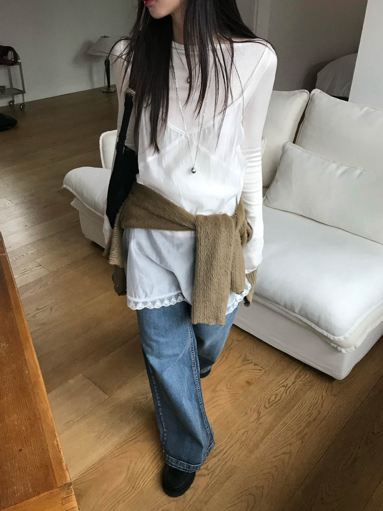 復古美刷色直闊腿牛仔褲
