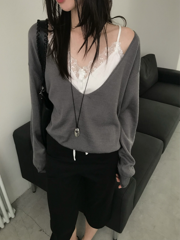 霧光澤蕾絲邊細節修腰上衣