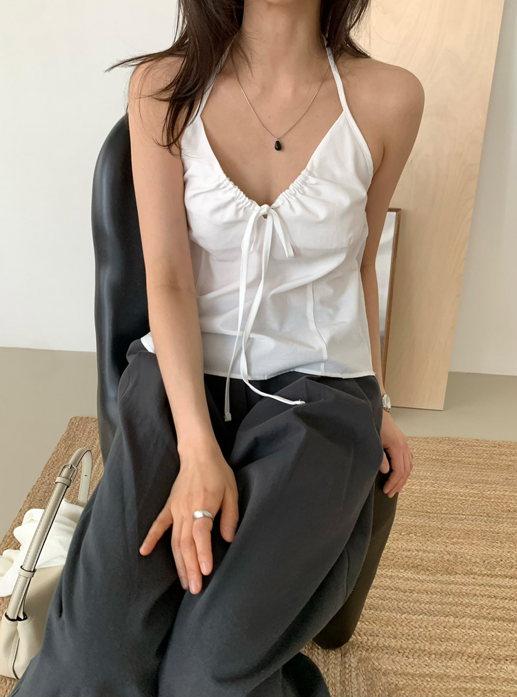 亞麻綁帶皺褶細節上衣