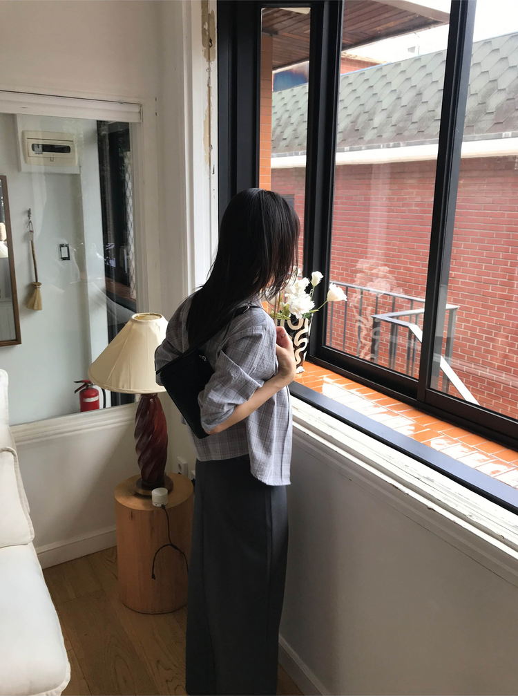撞色格紋七分袖襯衫