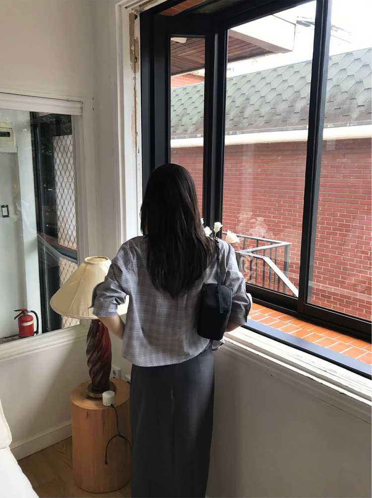 撞色格紋七分袖襯衫