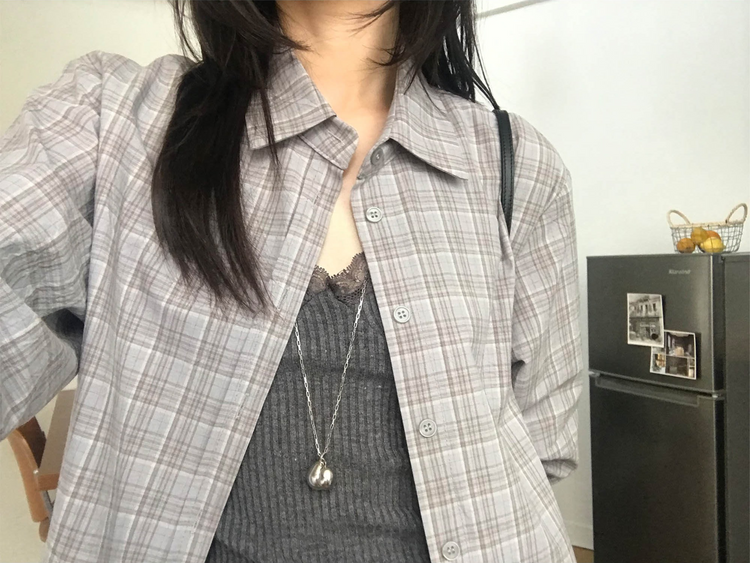 撞色格紋七分袖襯衫