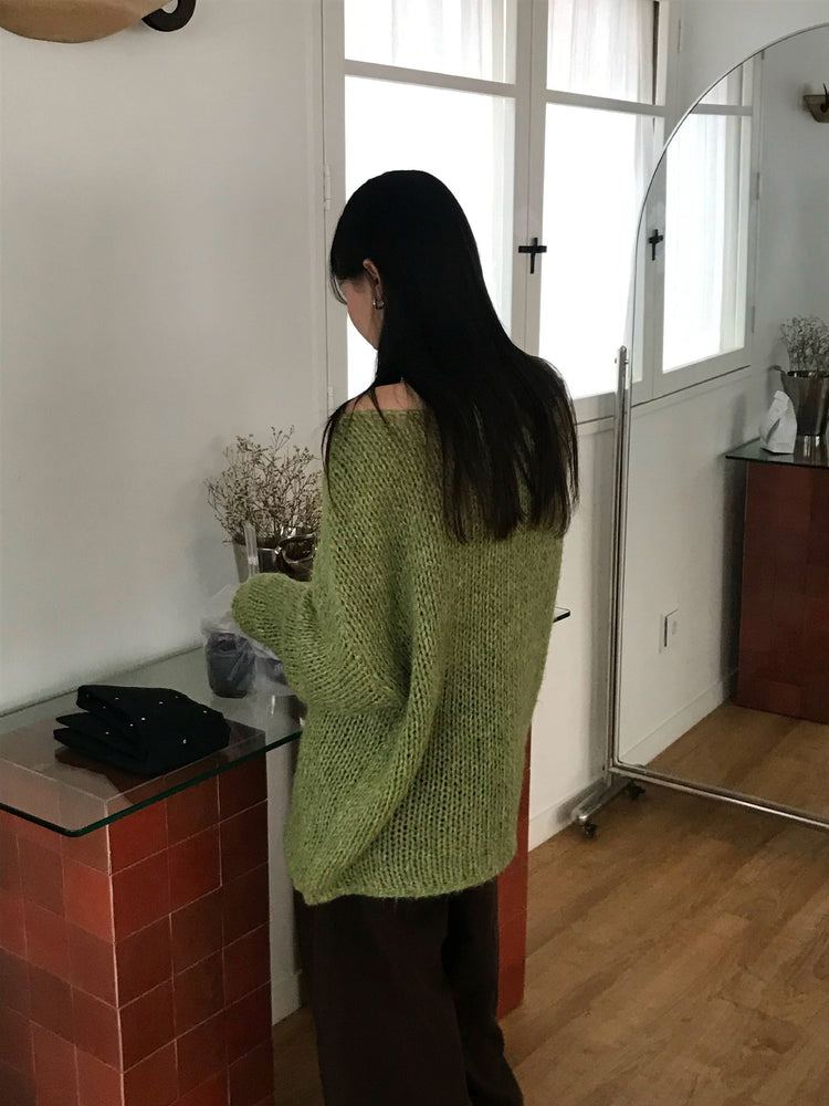 側露肩粗針針織上衣