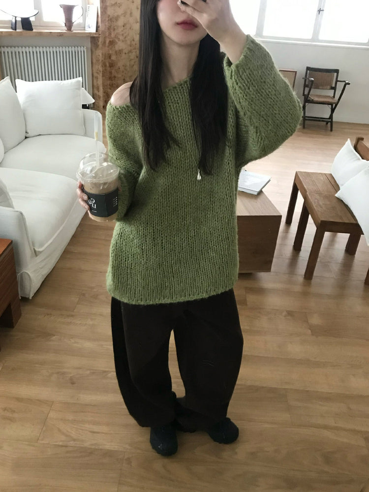 側露肩粗針針織上衣