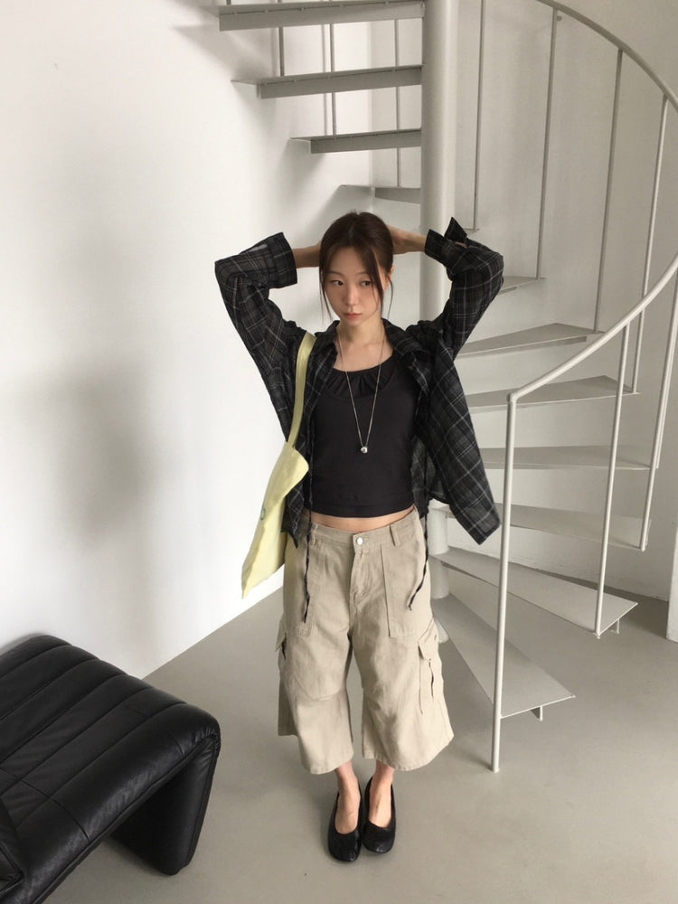 微透格紋綁帶襯衫