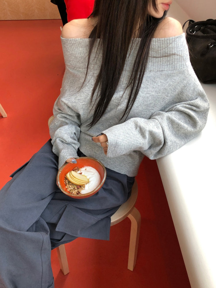 美肩寬帶寬鬆修腰針織上衣