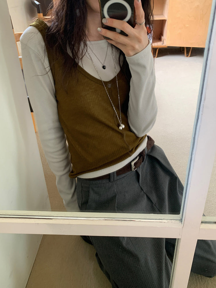 微透膚天絲排鈕上衣背心套裝