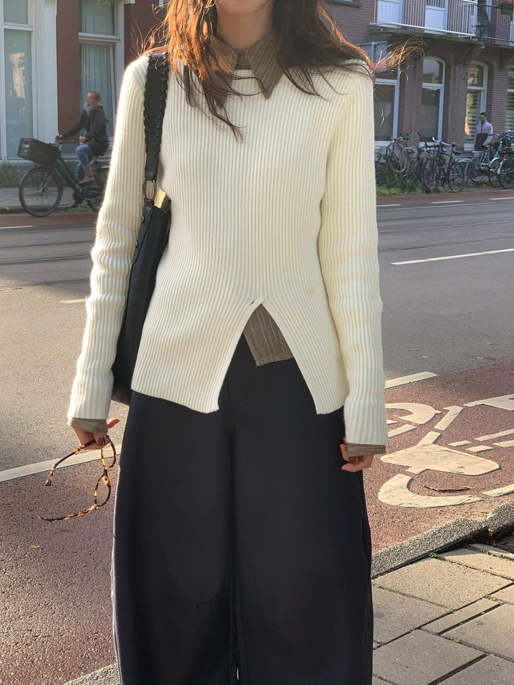 暗紋理修腰開叉細節襯衫