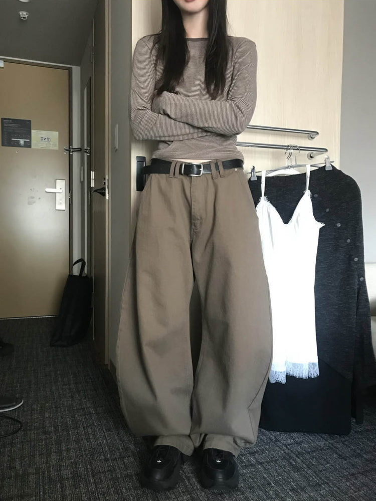 美色雙腰扣細節繭型褲