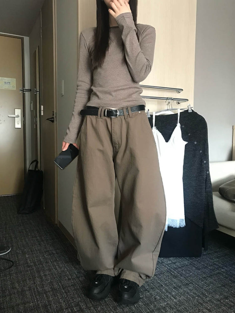 美色雙腰扣細節繭型褲