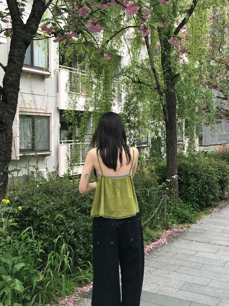 麻料蕾絲邊細節排鈕上衣