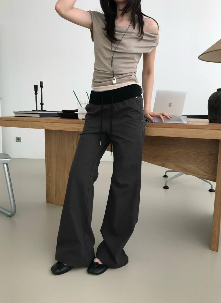 寬腰頭撞色抽繩顯瘦直褲