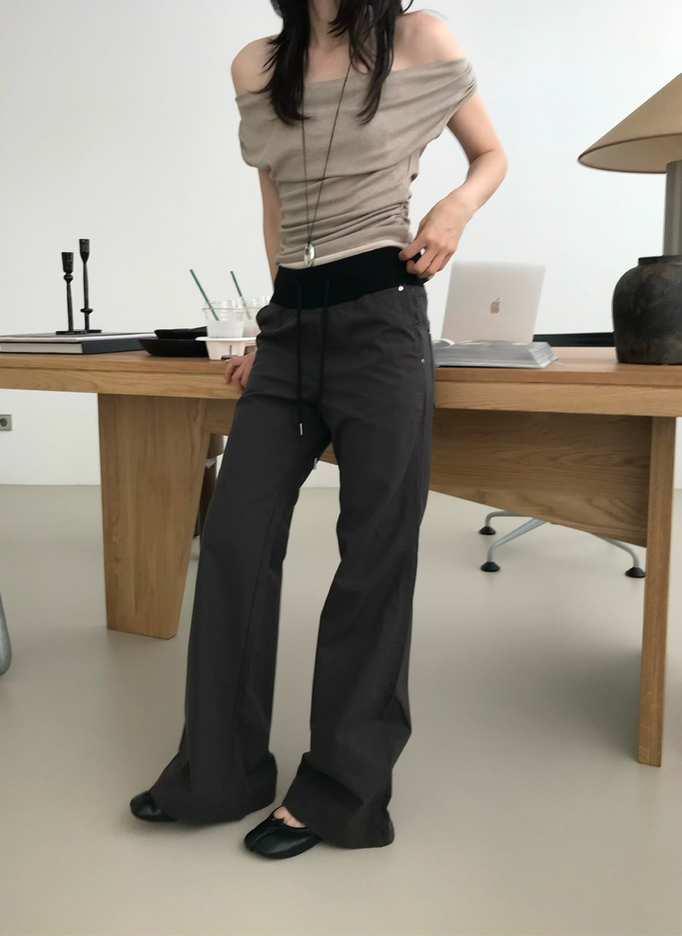 寬腰頭撞色抽繩顯瘦直褲