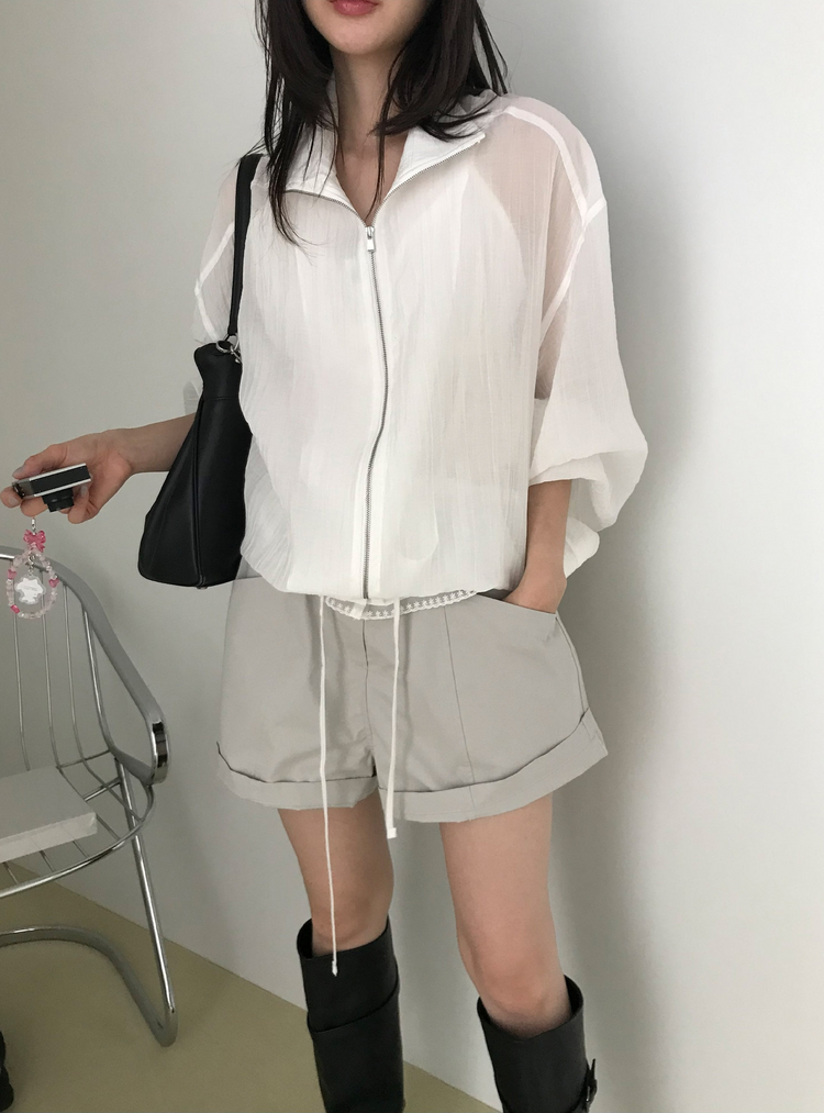 透膚抽繩下擺拉鏈外套